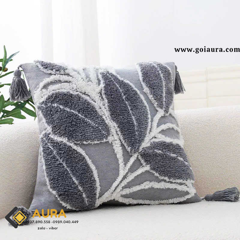 Những Mẫu Gối Tựa Sofa Thêu Hoa Được Yêu Thích Nhất gối sofa chiếc lá thêu xám