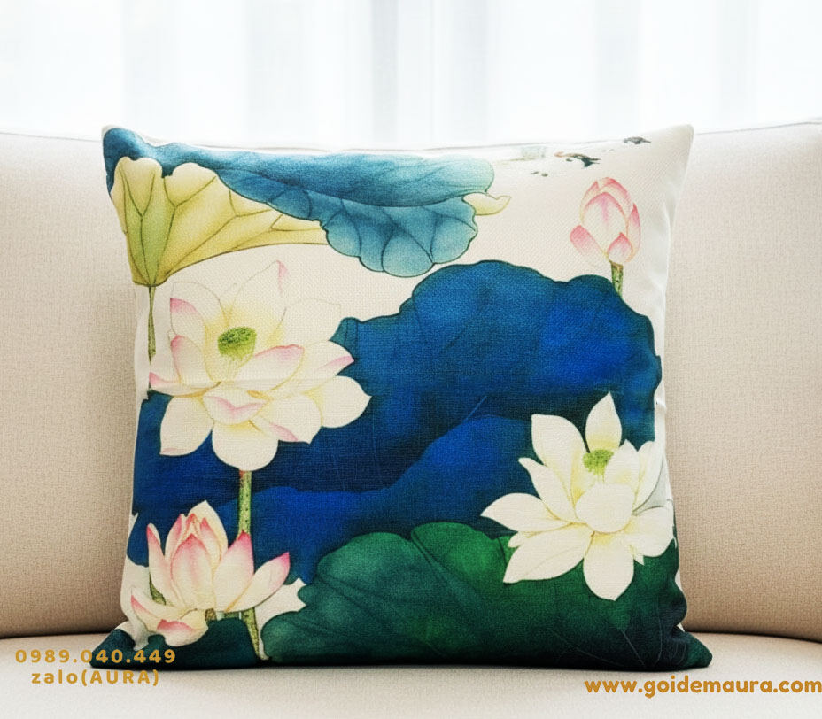 gối sofa hoa sen xanh 004 gối sofa hoa sen xanh 004