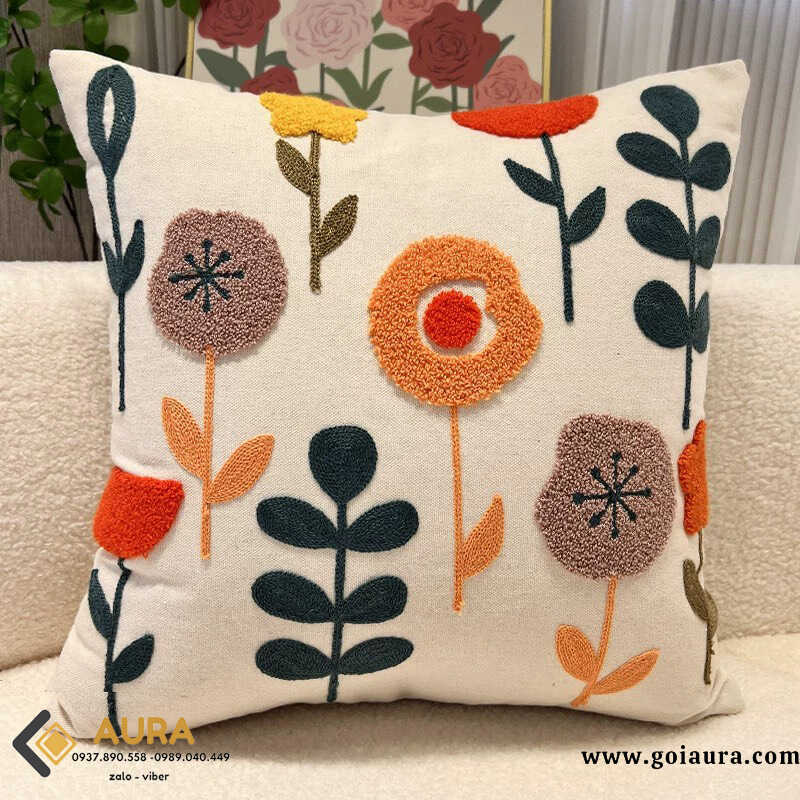 Gối Tựa Lưng Sofa Cao Cấp gối thêu hoa đồng tiền đẹp
