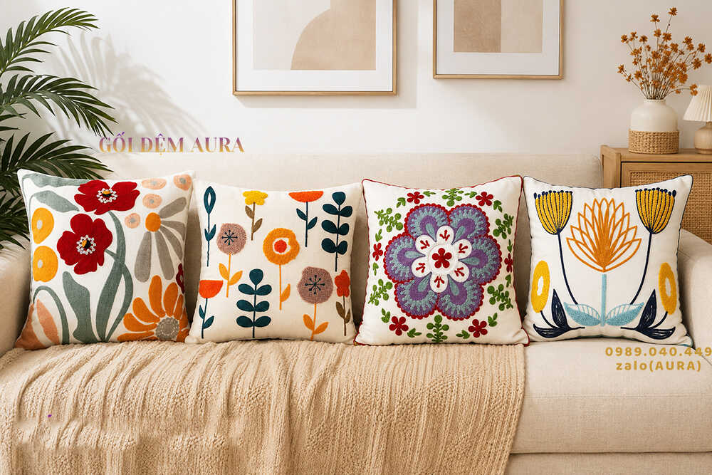 gối thêu hoa sofa cao cấp