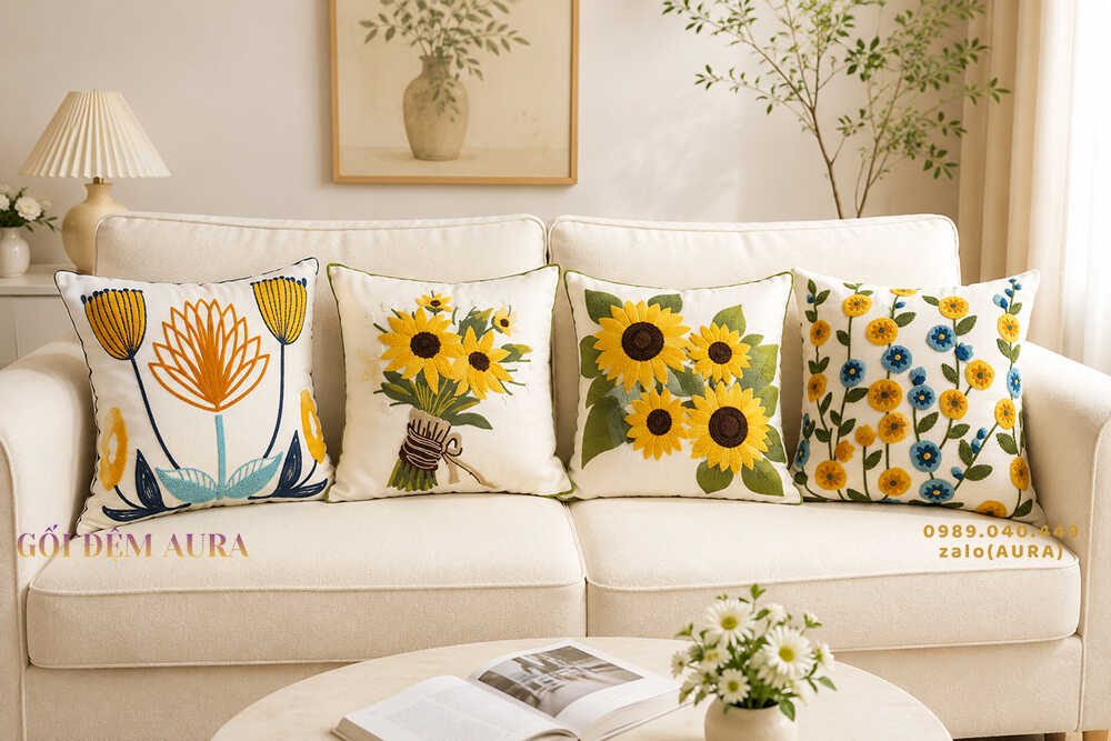 gối thêu hoa trang trí sofa đẹp