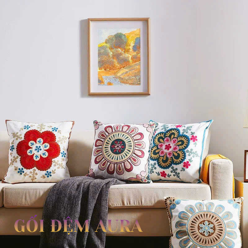 Vỏ Gối Sofa 45x45 gối thêu hoa văn tròn