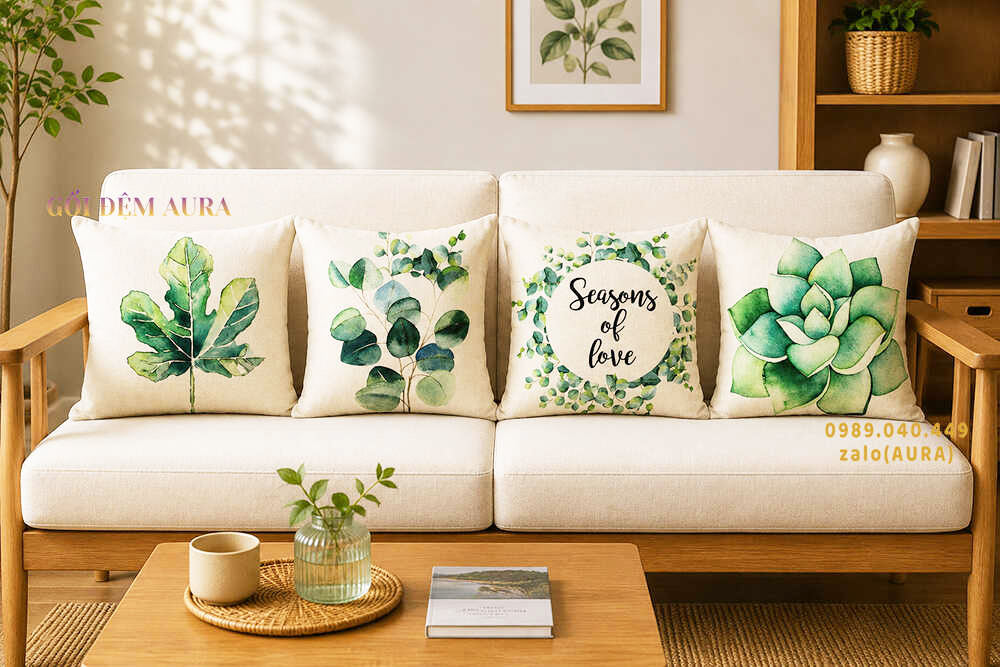 gối tựa lưng sofa bộ 4 lá xanh