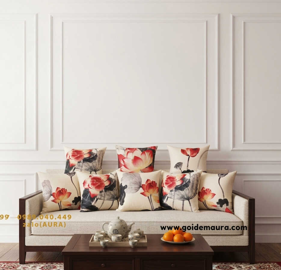 gối tựa sofa bộ sen đỏ gối tựa sofa bộ sen đỏ
