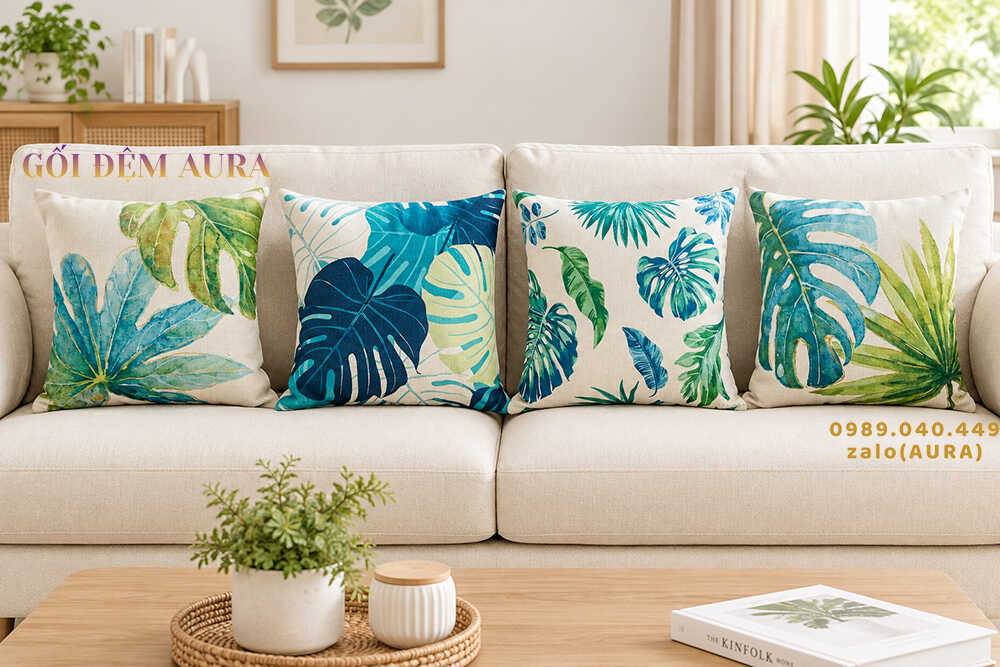 gối tựa sofa lá xanh dương gối tựa sofa lá xanh dương