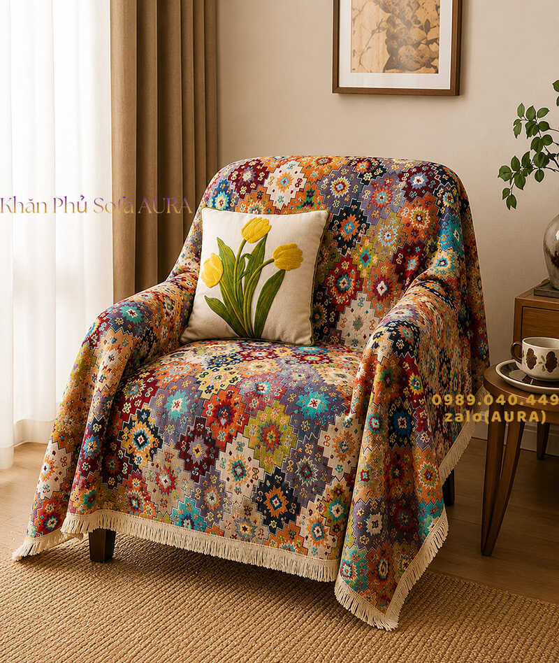 khăn phủ sofa đơn đa sắc đỏ
