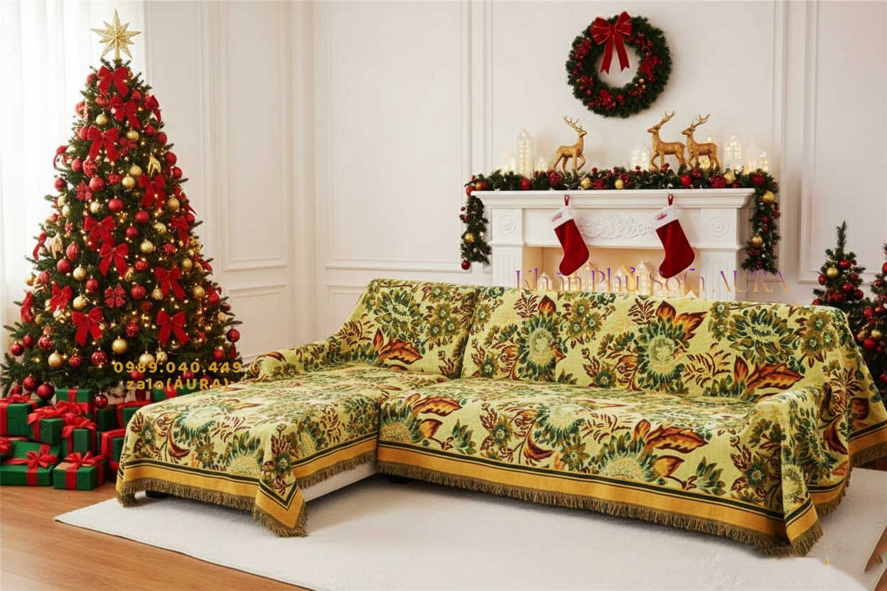 Khăn Phủ Sofa Hà Nội khăn sofa góc hoa hướng dương vàng giáng sinh