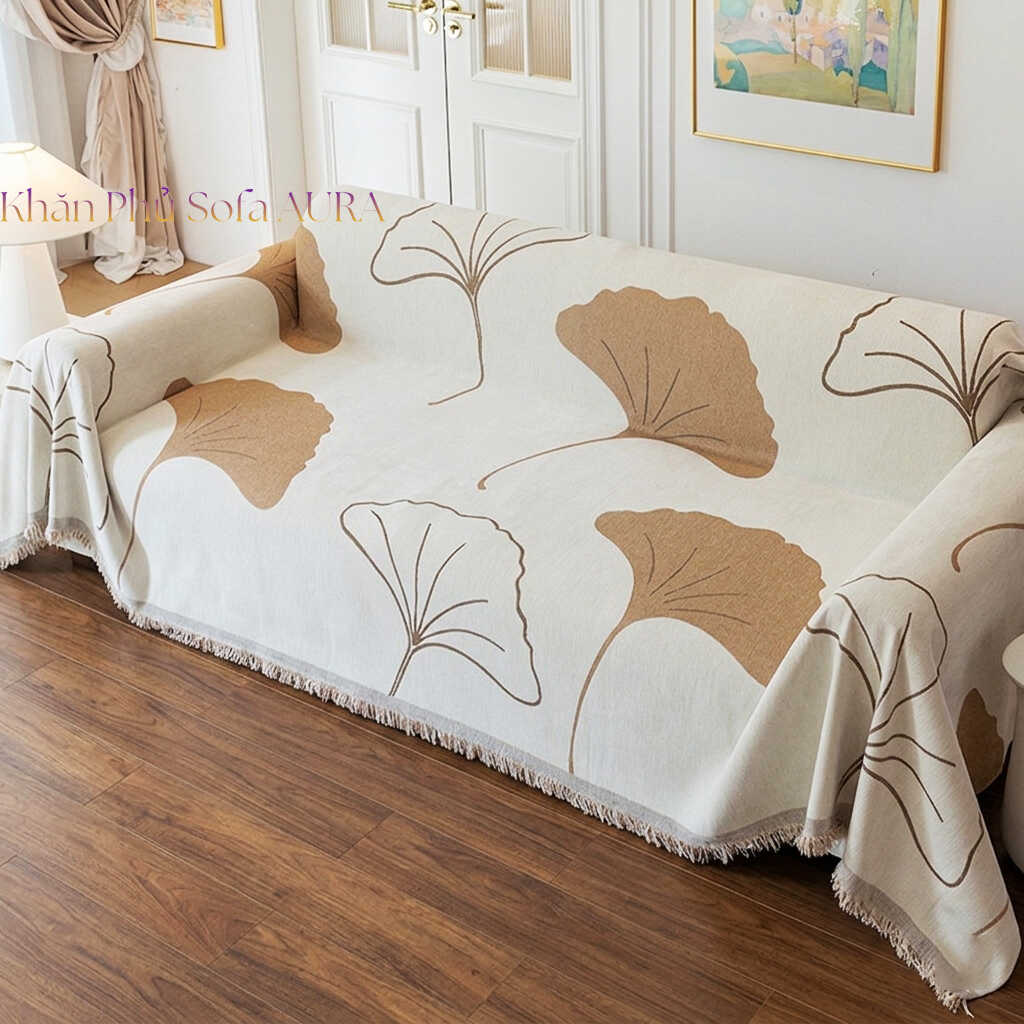 Khăn Phủ Sofa Mẫu Lá Sang Trọng khăn sofa lá nâu kem