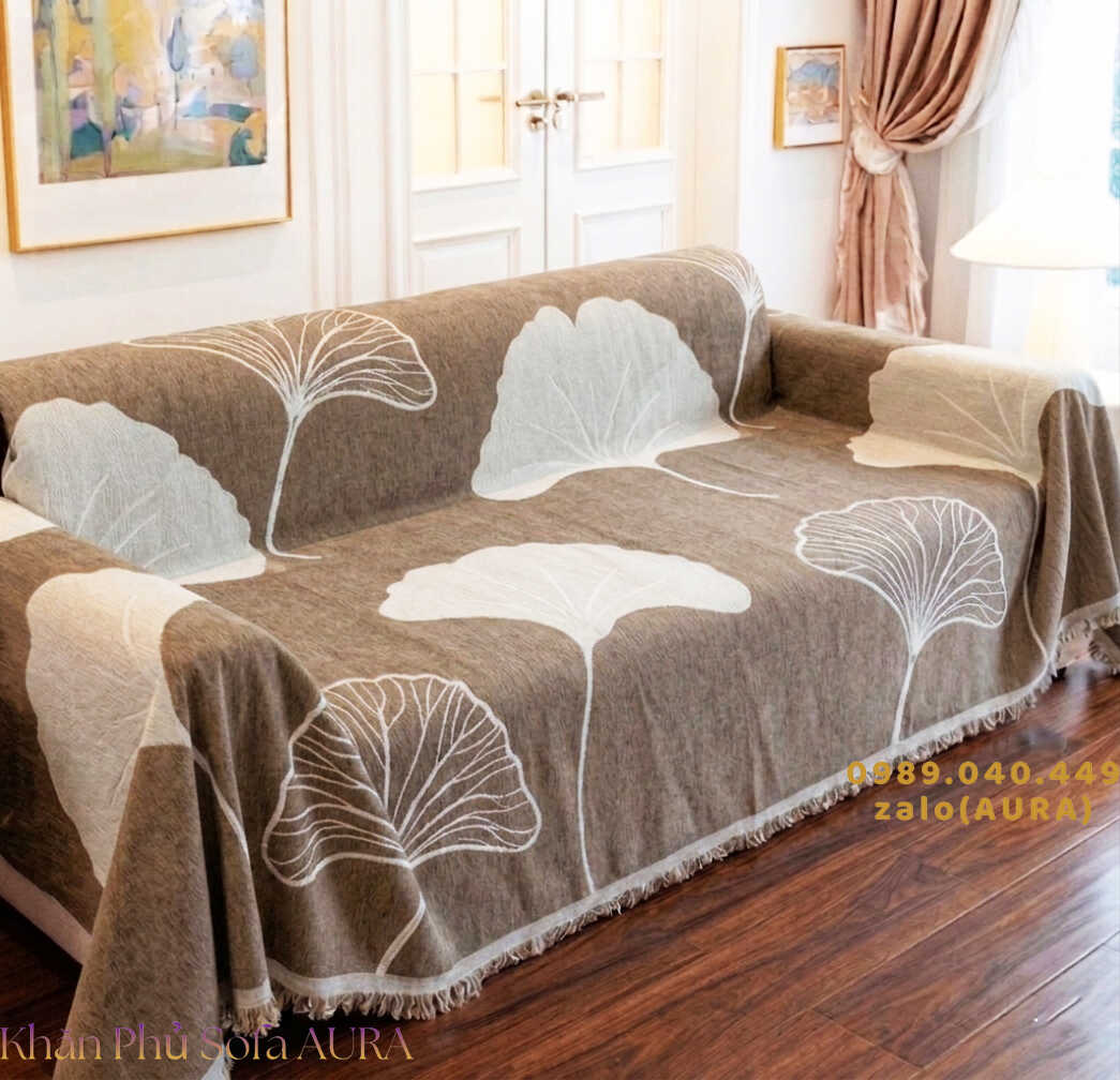 Khăn Phủ Sofa Mẫu Lá Sang Trọng khăn sofa lá nâu