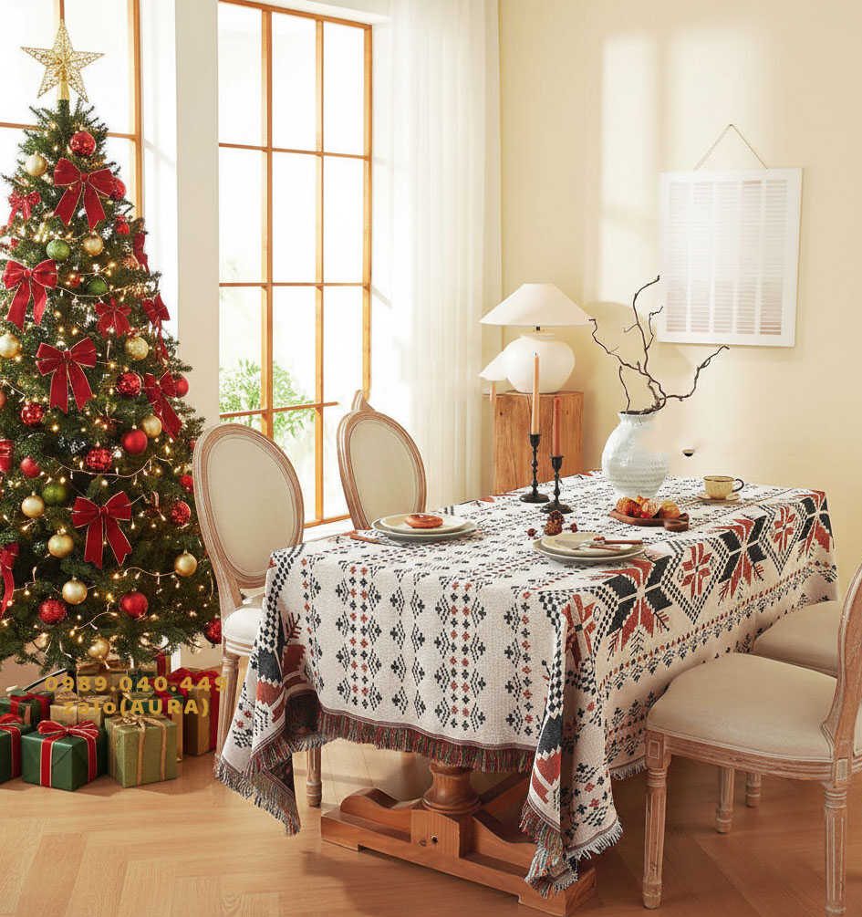 khăn trải bàn nâu gỗ noel