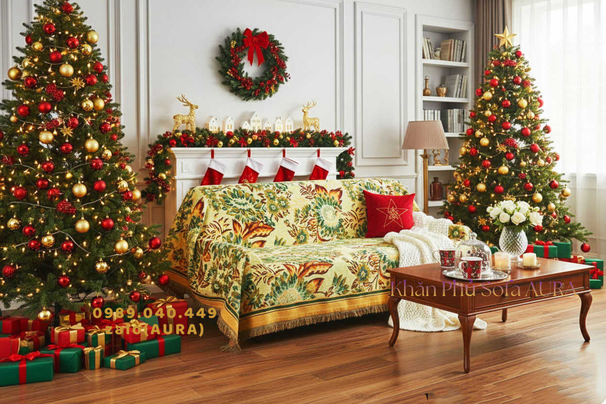 Khăn Phủ Sofa Hà Nội khăn trải ghế sofa hoa hướng dương vàng giáng sinh