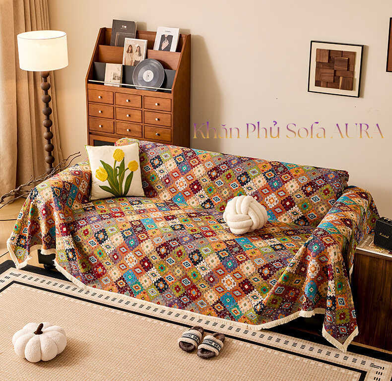 Khăn Phủ Sofa Đẹp size 1.8x2.6m khăn trải ghế sofa tông đỏ đẹp