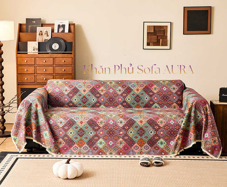 Khăn Phủ Sofa Đẹp size 1.8x2.6m khăn trải ghế sofa tông đỏ mặt sau