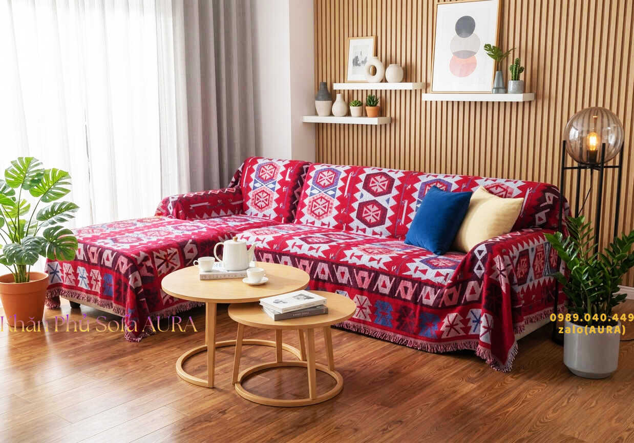 Khăn Trải Sofa Chữ L Cao Cấp khăn trải sofa góc màu đỏ trắng