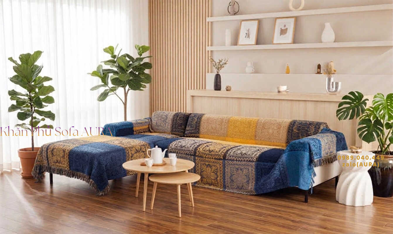 Khăn Trải Sofa Chữ L Cao Cấp khăn trải sofa góc tây tạng xanh