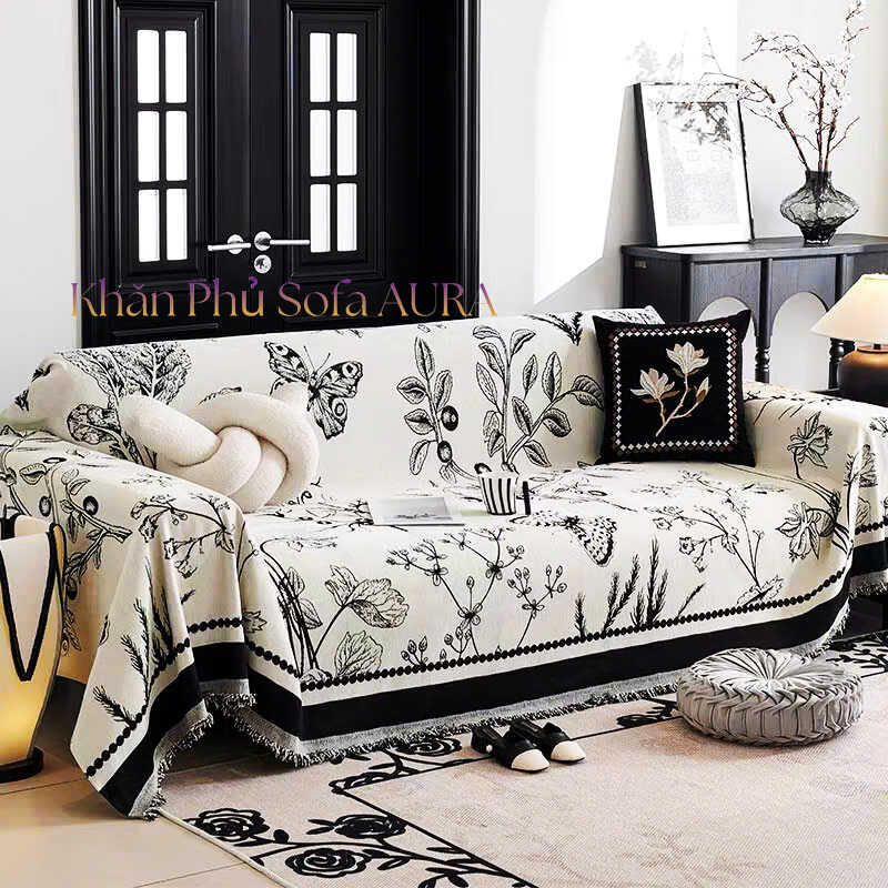 Khăn Phủ Sofa Hà Nội chăn sofa hoa đen trắng cao cấp
