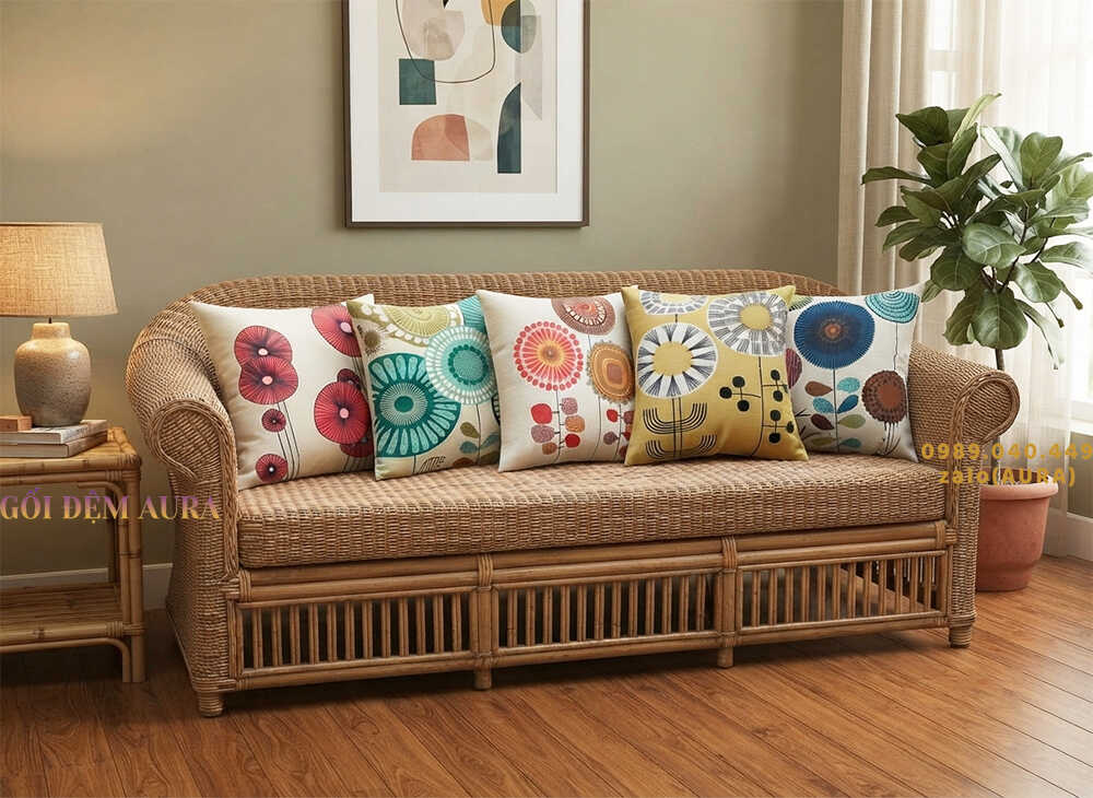 gối tựa lưng sofa bộ hoa cọ 2 mặt