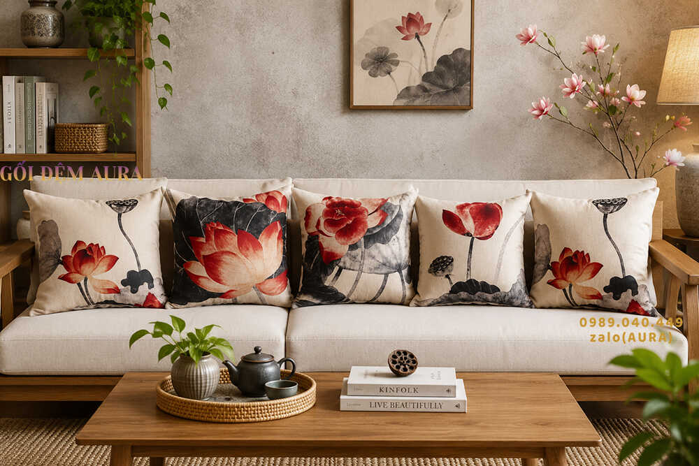 gối tựa lưng sofa hoa sen đỏ sang trọng