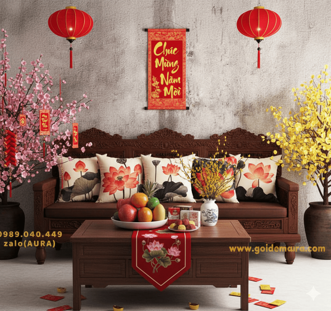 Gối Tựa Lưng Sofa Cao Cấp gối tựa lưng sofa hoa sen đỏ đón tết