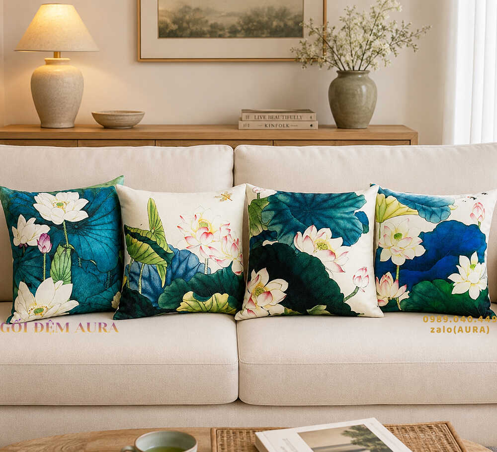 gối tựa lưng sofa hoa sen trắng