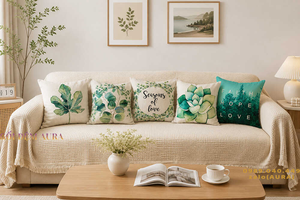 gối tựa lưng sofa lá xanh mới