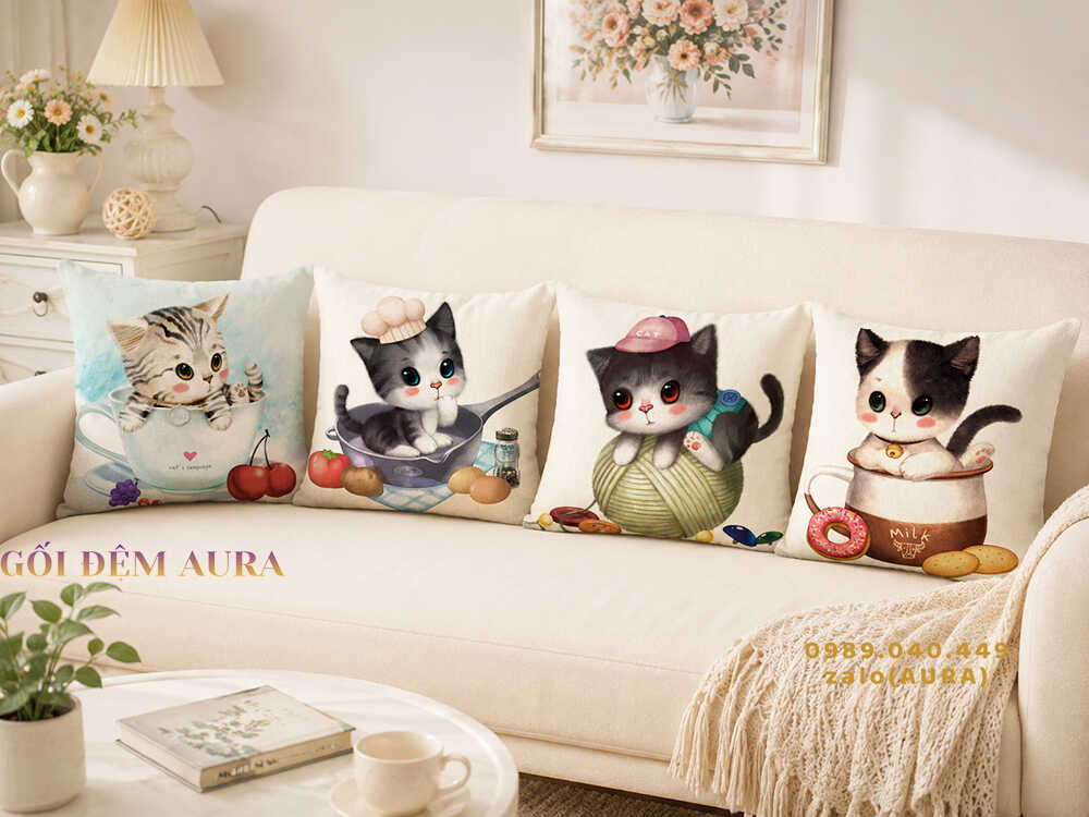 gối tựa lưng sofa mèo dễ thương