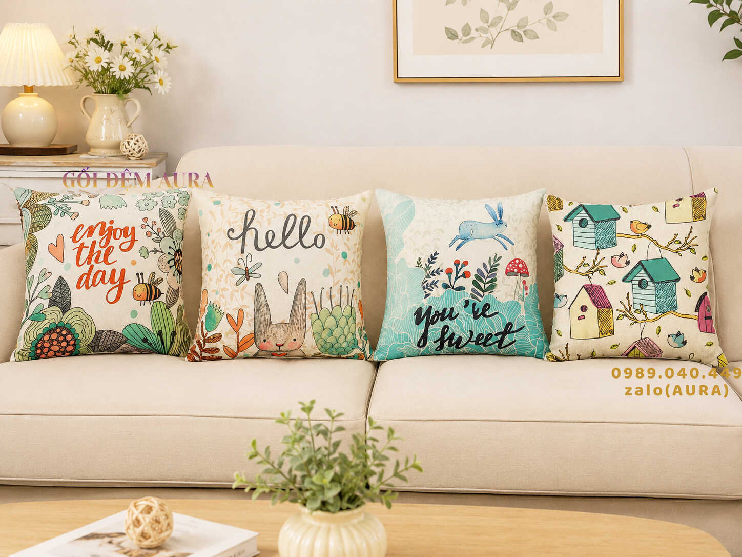 gối tựa lưng sofa thỏ xanh