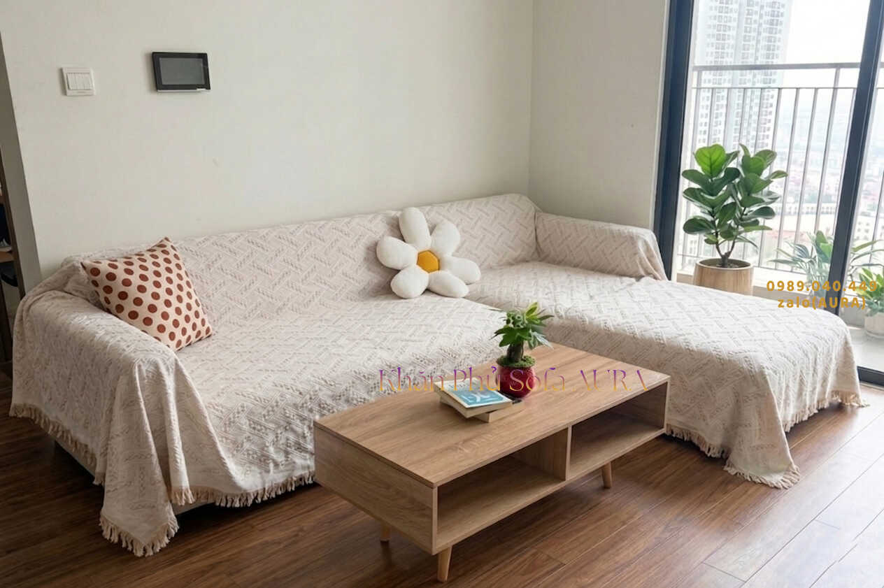 Khăn Trải Sofa Chữ L Cao Cấp khăn sofa góc màu kem nhạt