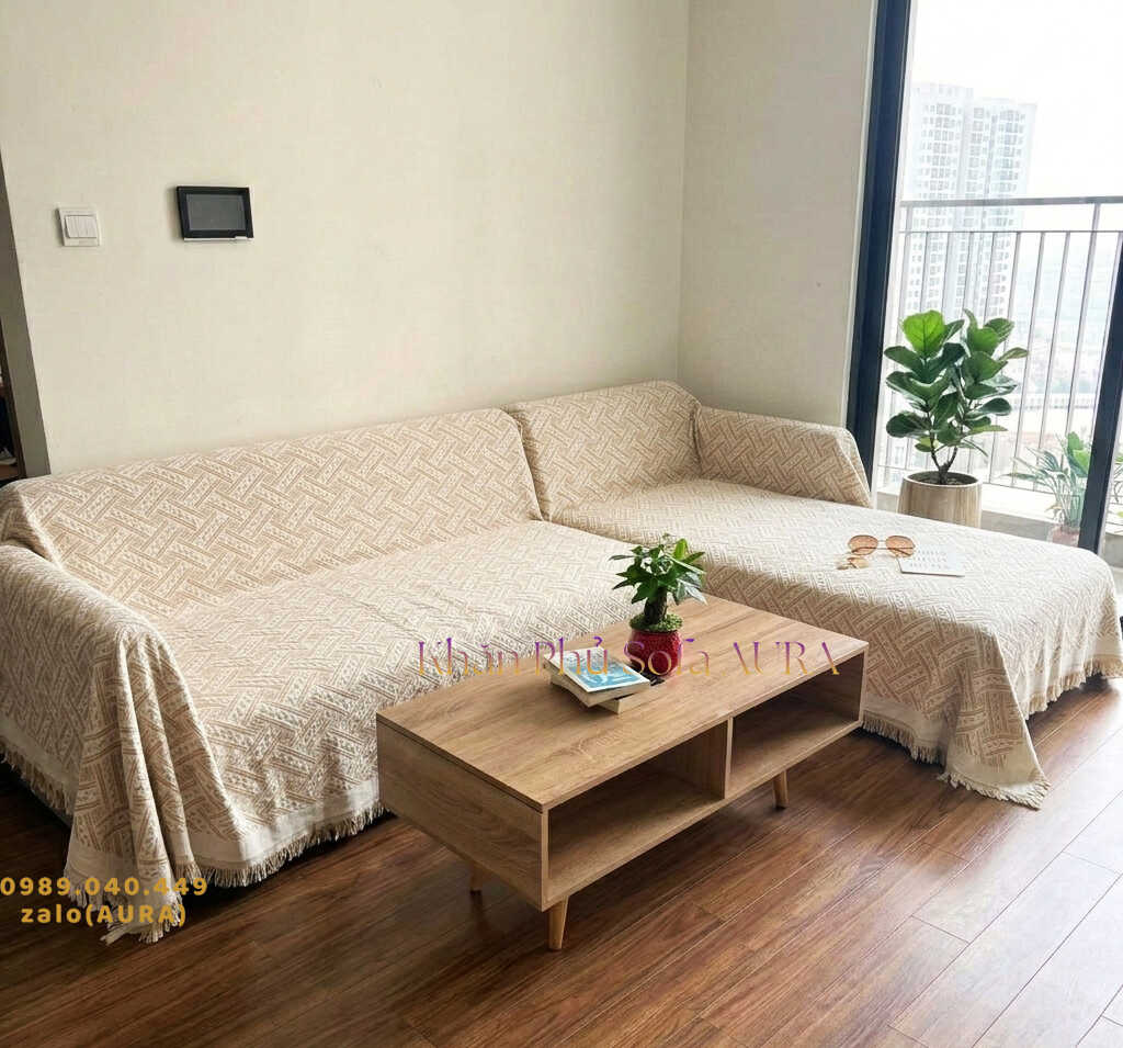Khăn Trải Sofa Chữ L Cao Cấp khăn sofa góc màu kem