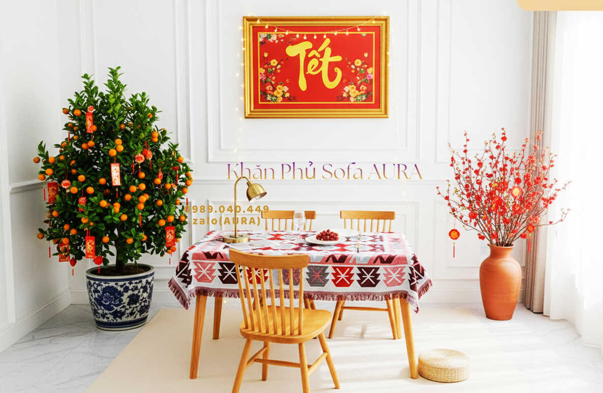 Khăn Trải Bàn Cotton size 1.8x2.6m khăn trải bàn góc trắng đỏ tết