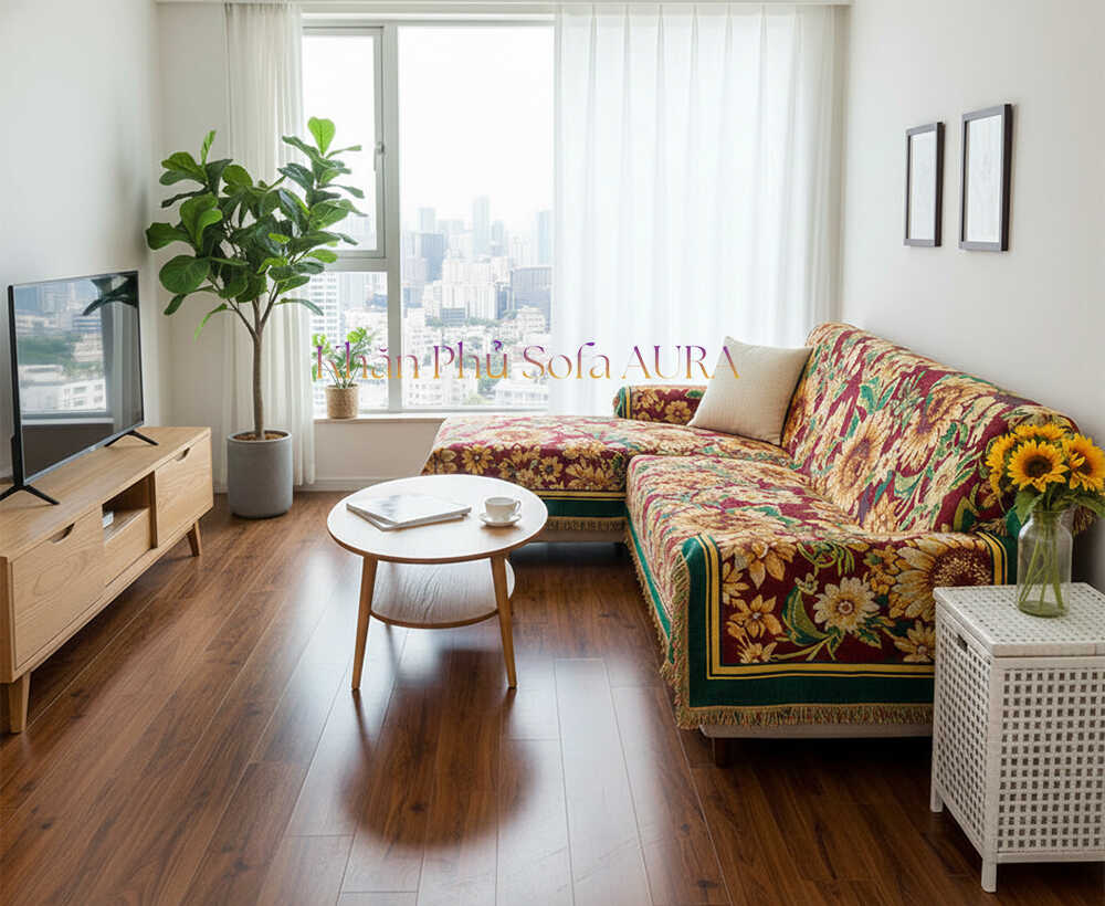 Khăn Trải Sofa Chữ L Cao Cấp khăn trải ghế sofa góc hoa hướng dương đẹp