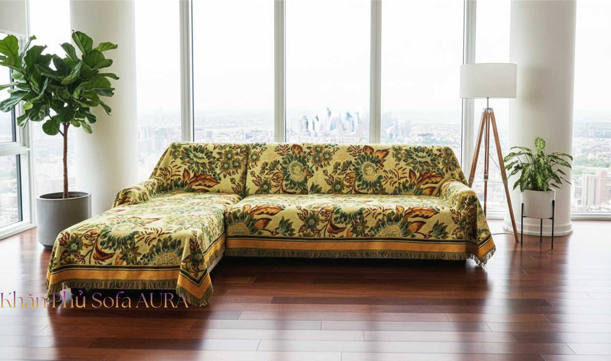 Khăn Trải Sofa Chữ L Cao Cấp khăn trải ghế sofa góc hoa hướng dương vàng