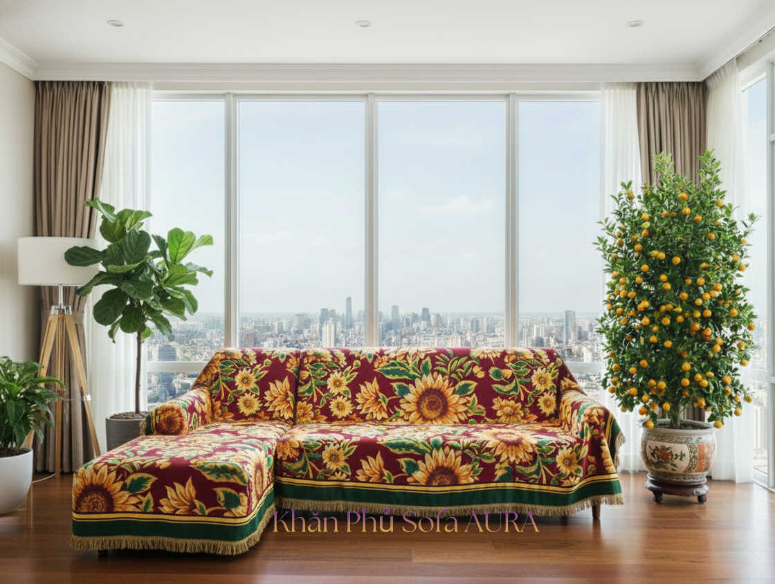 Khăn Trải Sofa Chữ L Cao Cấp khăn trải ghế sofa góc hoa hướng dương
