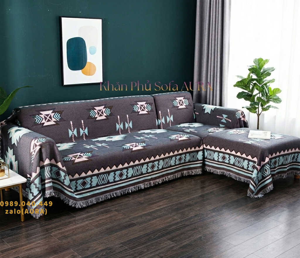 Khăn Trải Sofa Chữ L Cao Cấp khăn trải sofa góc hoa văn xanh tím