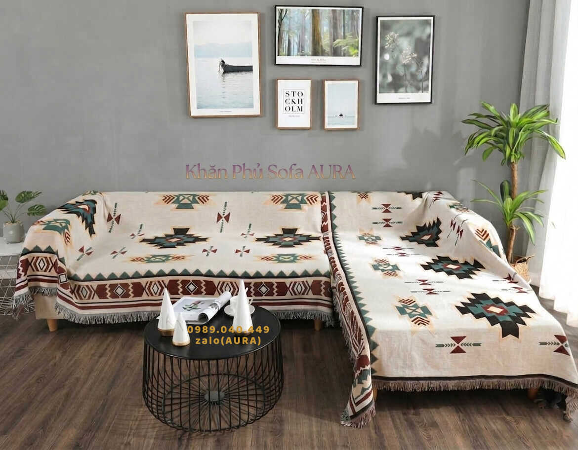 Khăn Trải Sofa Chữ L Cao Cấp khăn trải sofa góc hoa văn xanh