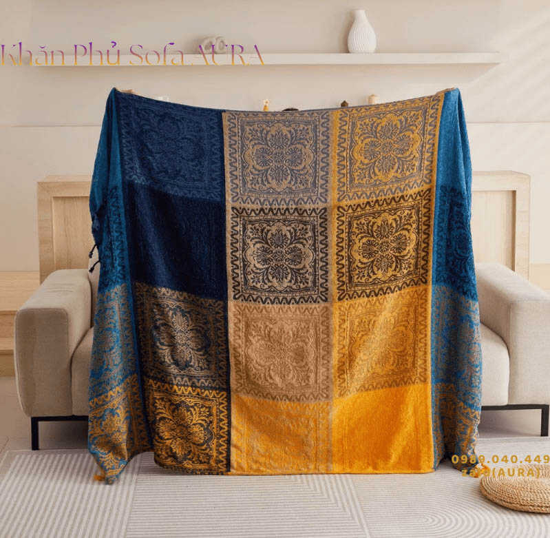 khăn sofa tây tạng xanh vàng đẹp khăn sofa tây tạng xanh vàng đẹp