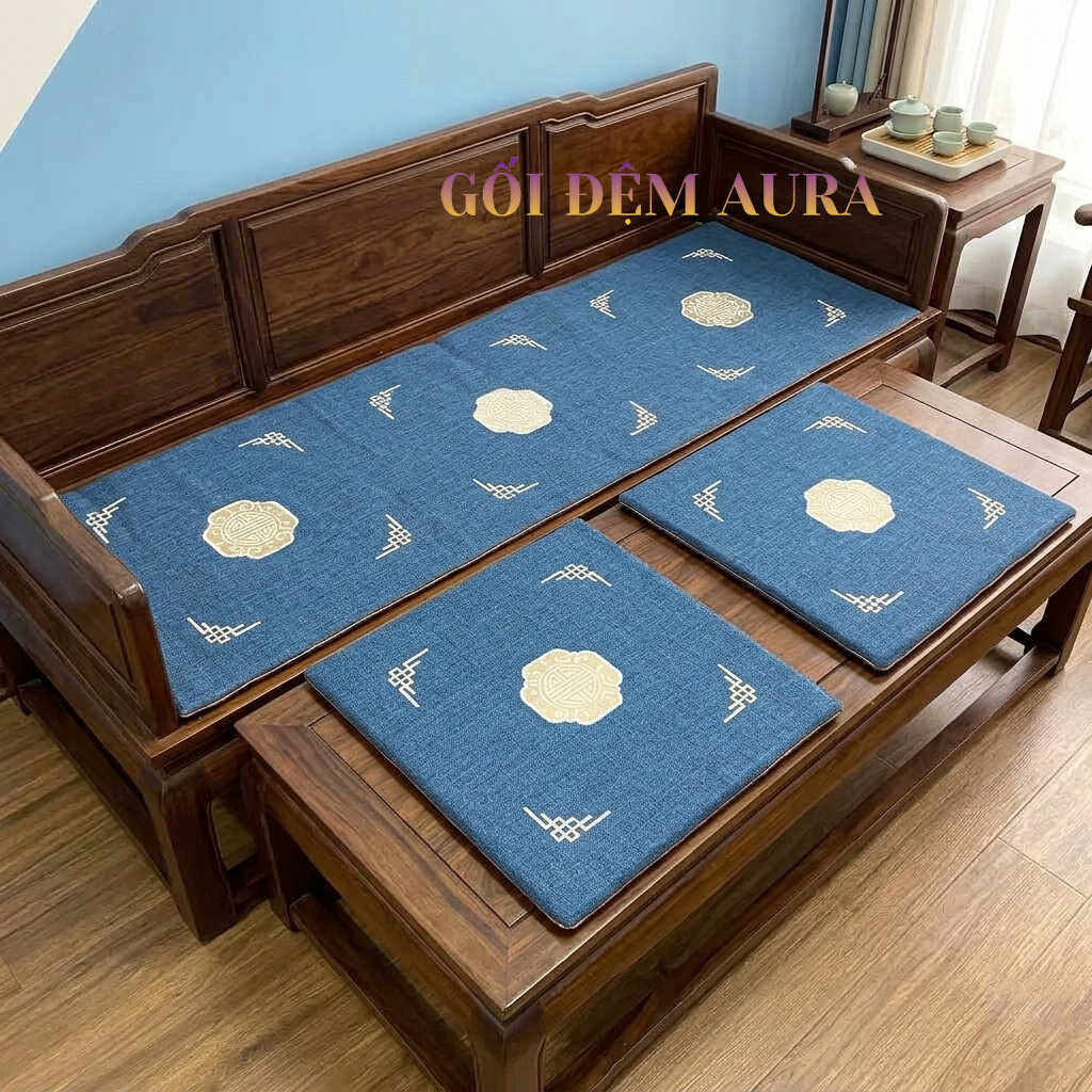 Thảm Trải Ghế Gỗ Cao Cấp thảm trải ghế gỗ màu xanh thêu đẹp
