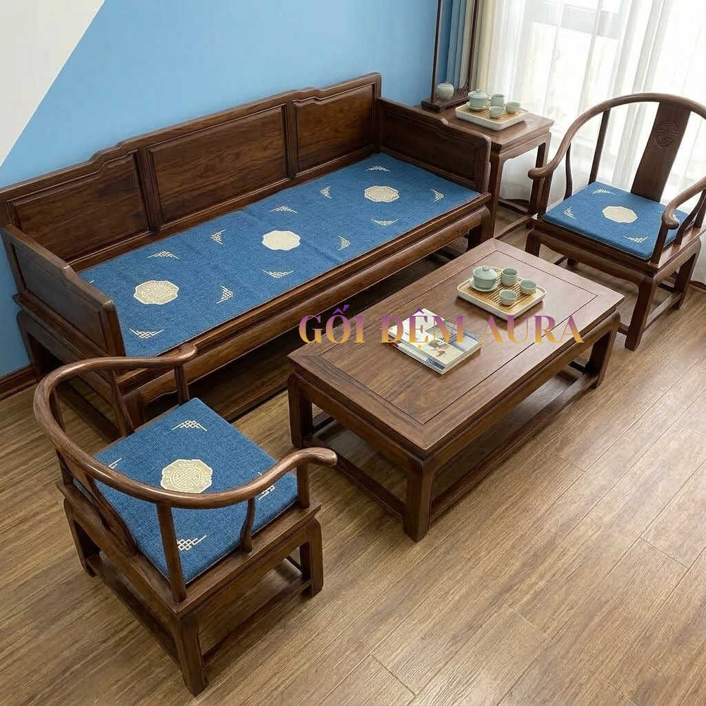 Thảm Trải Ghế Gỗ Cao Cấp thảm trải ghế gỗ màu xanh thêu