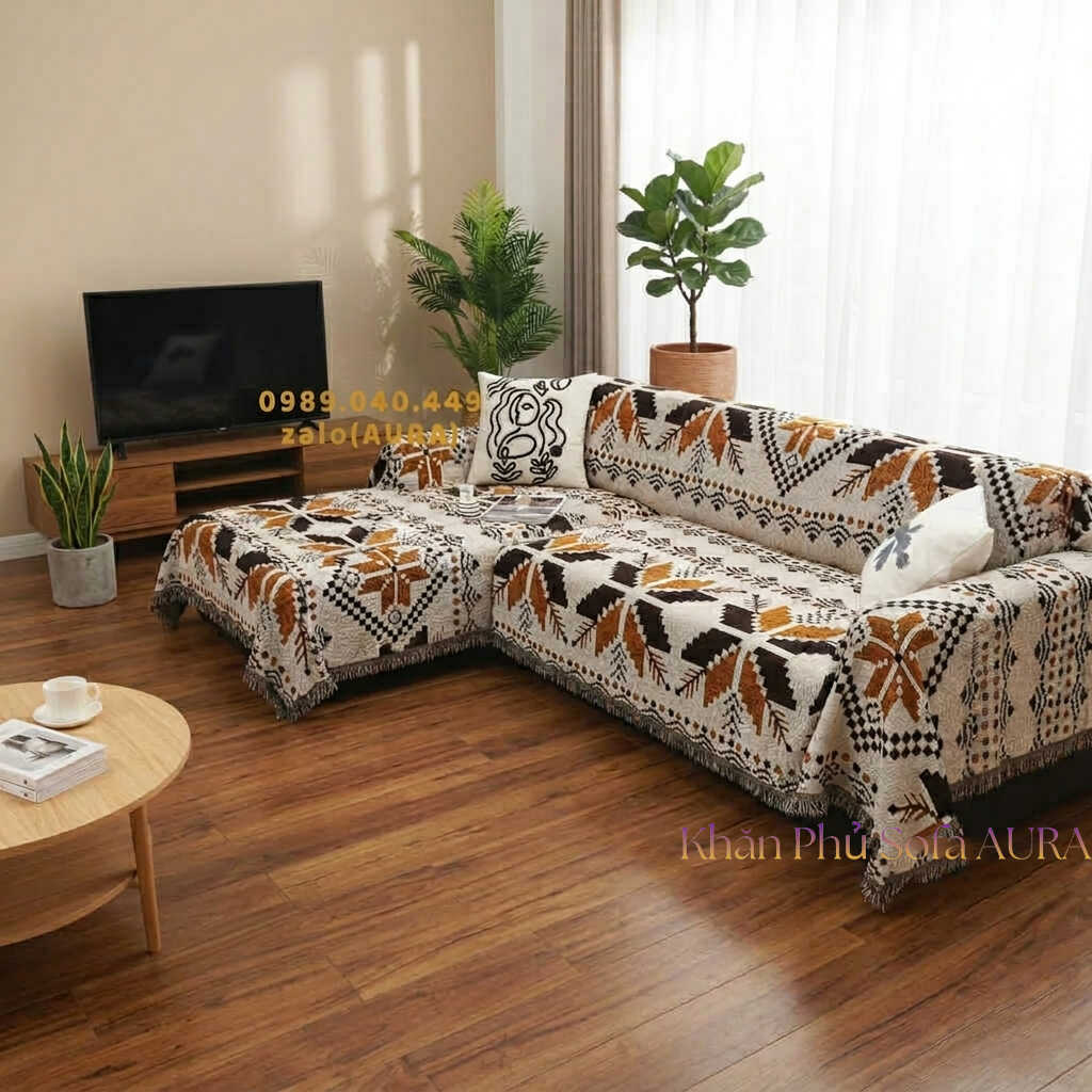 khăn trải sofa góc nâu gỗ