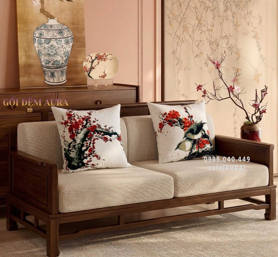 Gối Tựa Lưng Sofa Gỗ Sang Trọng Tinh Tế gối tựa sofa phương đông cây hoa đào
