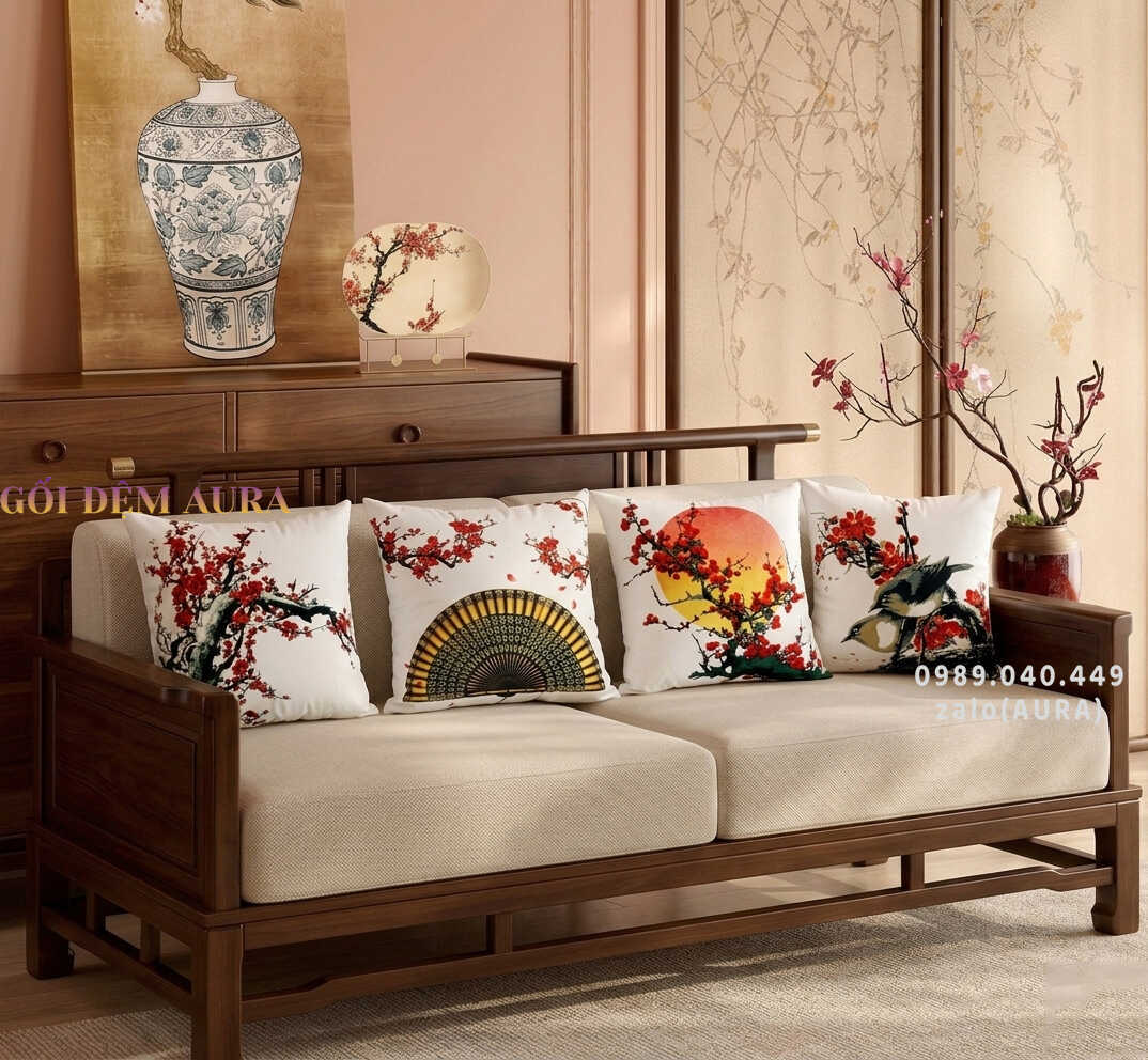Gối Sofa Vải Nhung Trang Trí Phong Cách Sang Trọng gối tựa sofa phương đông hoa đào