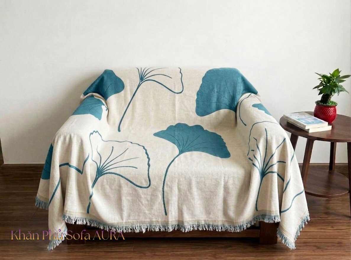 Khăn Phủ Sofa Mẫu Lá Sang Trọng khăn sofa đơn lá xanh dương