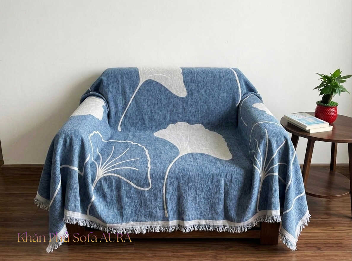 Khăn Phủ Sofa Mẫu Lá Sang Trọng khăn sofa đơn lá xanh kem