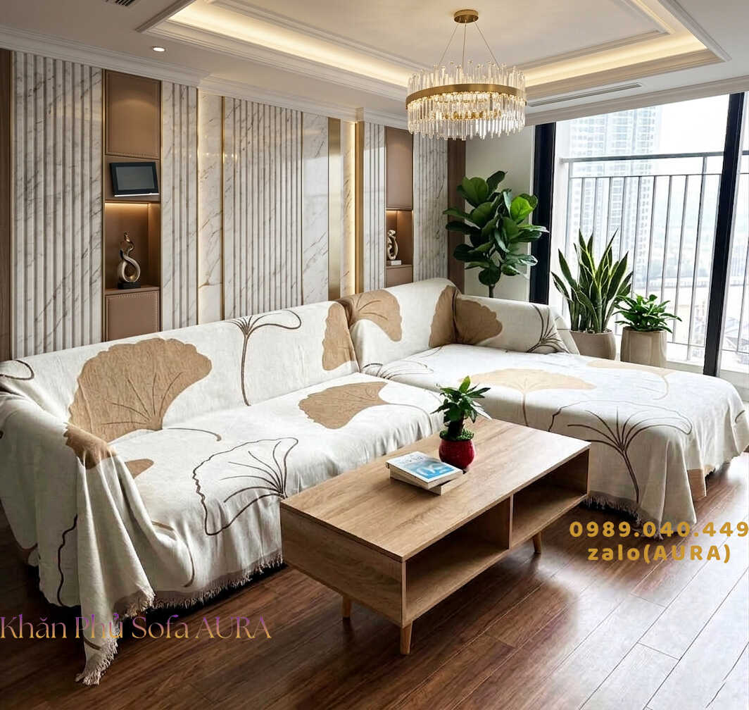 Khăn Phủ Sofa Cho Phòng Khách Hiện Đại khăn sofa góc lá kem nâu