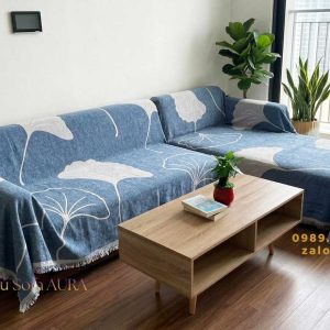 Khăn Sofa Góc Mẫu Lá Xanh Dương khăn sofa góc lá xanh kem