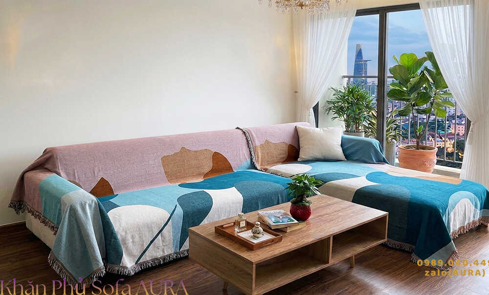 khăn sofa góc xanh dương hồng khăn sofa góc xanh dương hồng