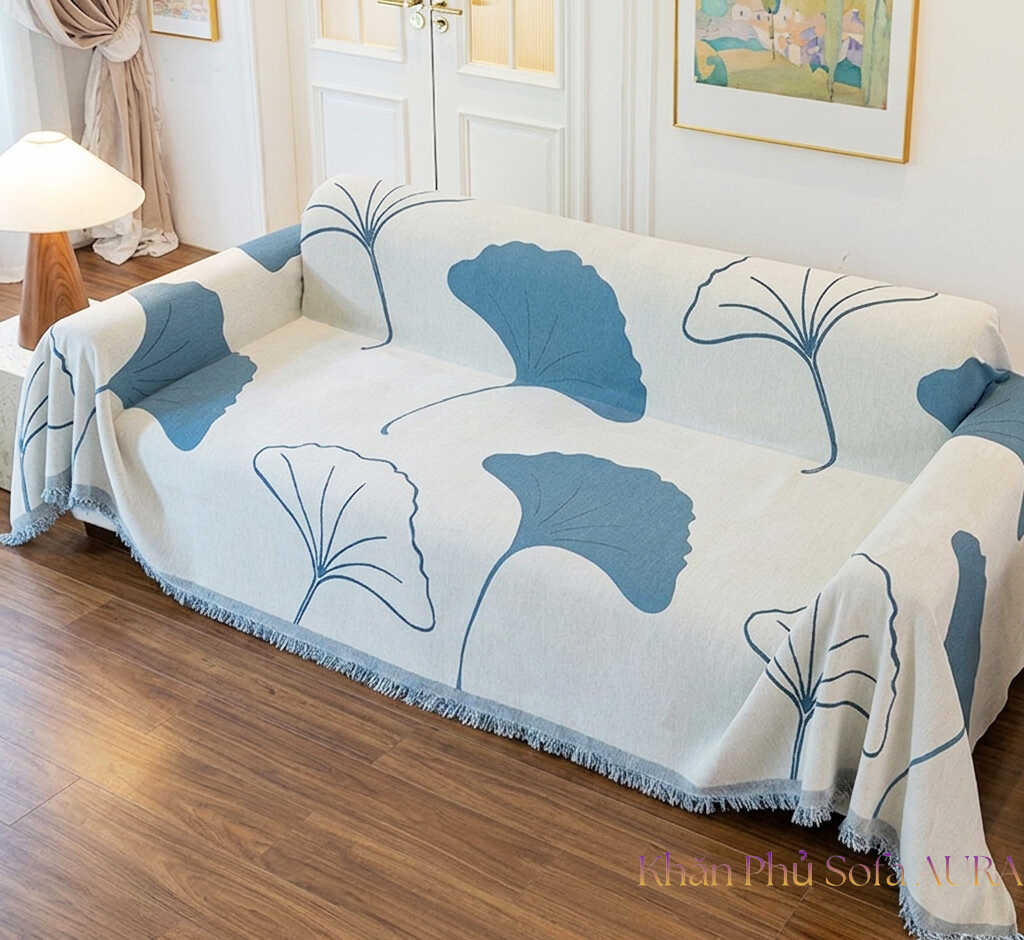 khăn sofa lá xanh dương khăn sofa lá xanh dương