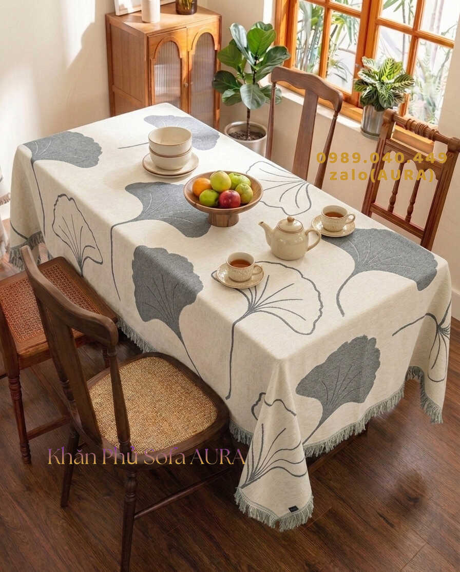 Khăn Phủ Sofa Mẫu Lá Sang Trọng khăn trải bàn lá xám kem