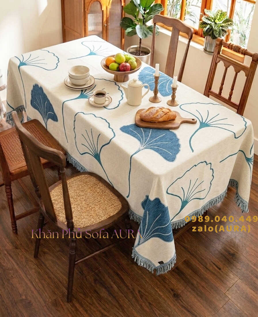 Khăn Phủ Sofa Mẫu Lá Sang Trọng khăn trải bàn lá xanh dương