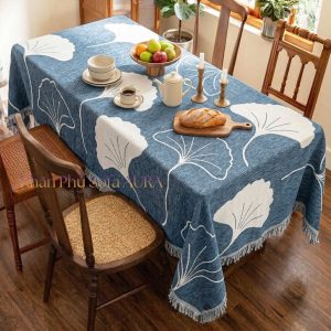 Khăn Sofa Đơn Mẫu Lá Xanh Dương size 1.3x1.8m khăn trải bàn lá xanh kem